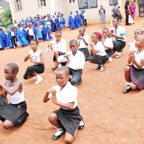 Students dancing at the inauguration ceremony of the toilet project in Enugu, Nigeria